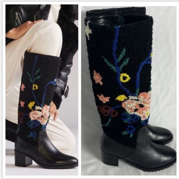NWT Anthropologie Emily Isabella Black Leather Wool Flower Boots Size - Picture 1 of 15